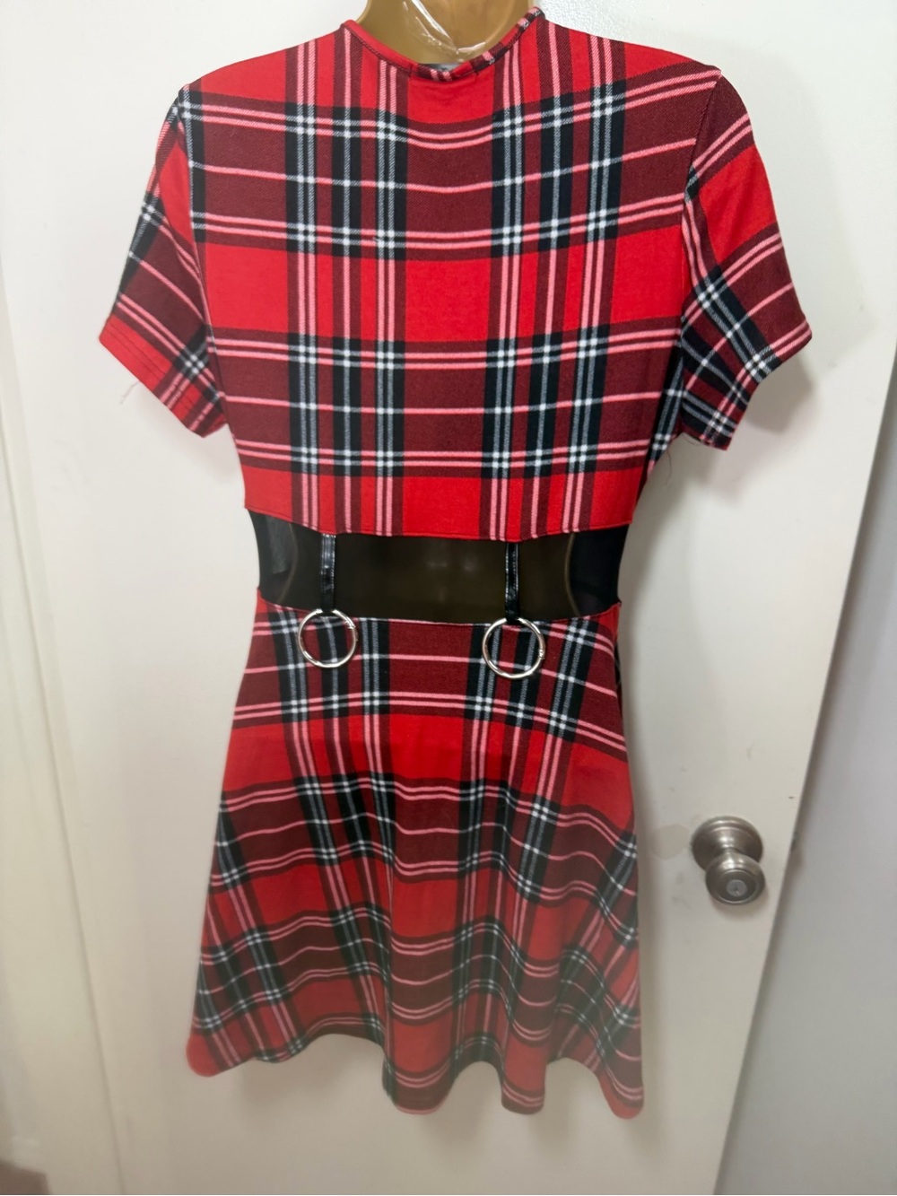 Devil Fashion X Dolls Kill Red Plaid Mesh Goth Punk Harness Dress S *NO CHAIN* - Picture 4 of 16